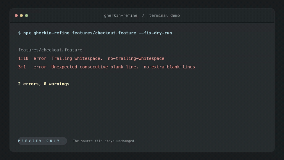 Gherkin Refine previews whitespace findings, applies safe fixes, and checks the feature file again